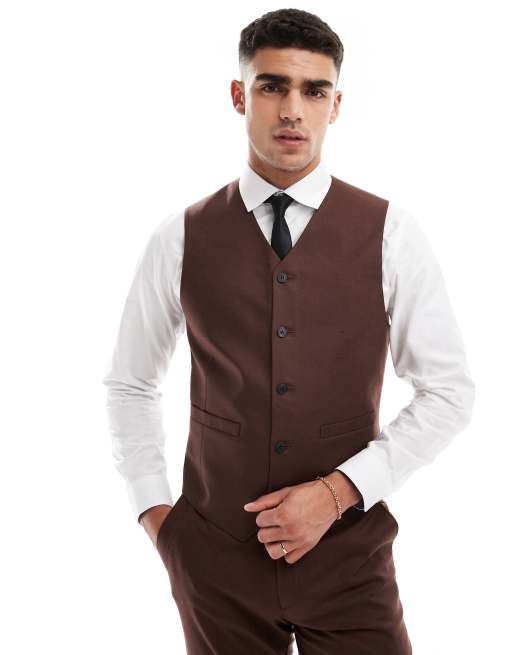 ASOS DESIGN super skinny suit waistcoat with linen in brown