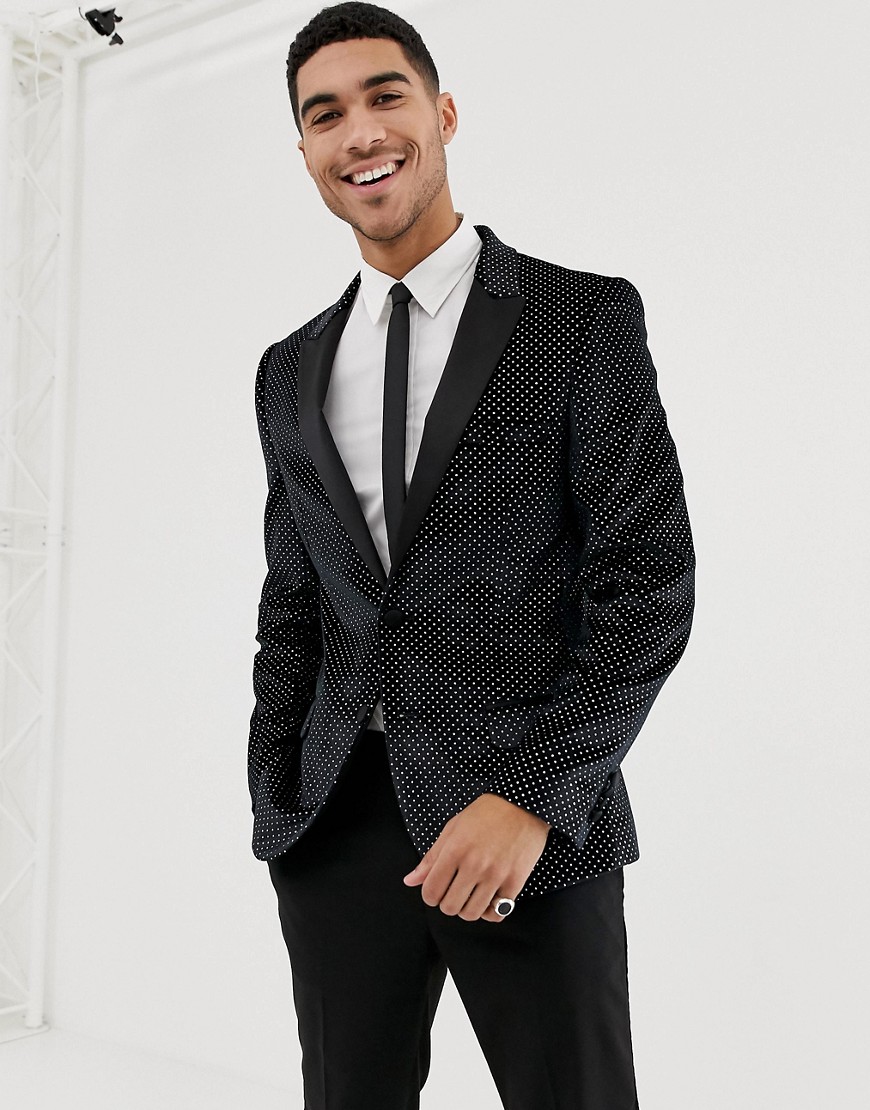 ASOS DESIGN super skinny tuxedo blazer in black velvet with glitter