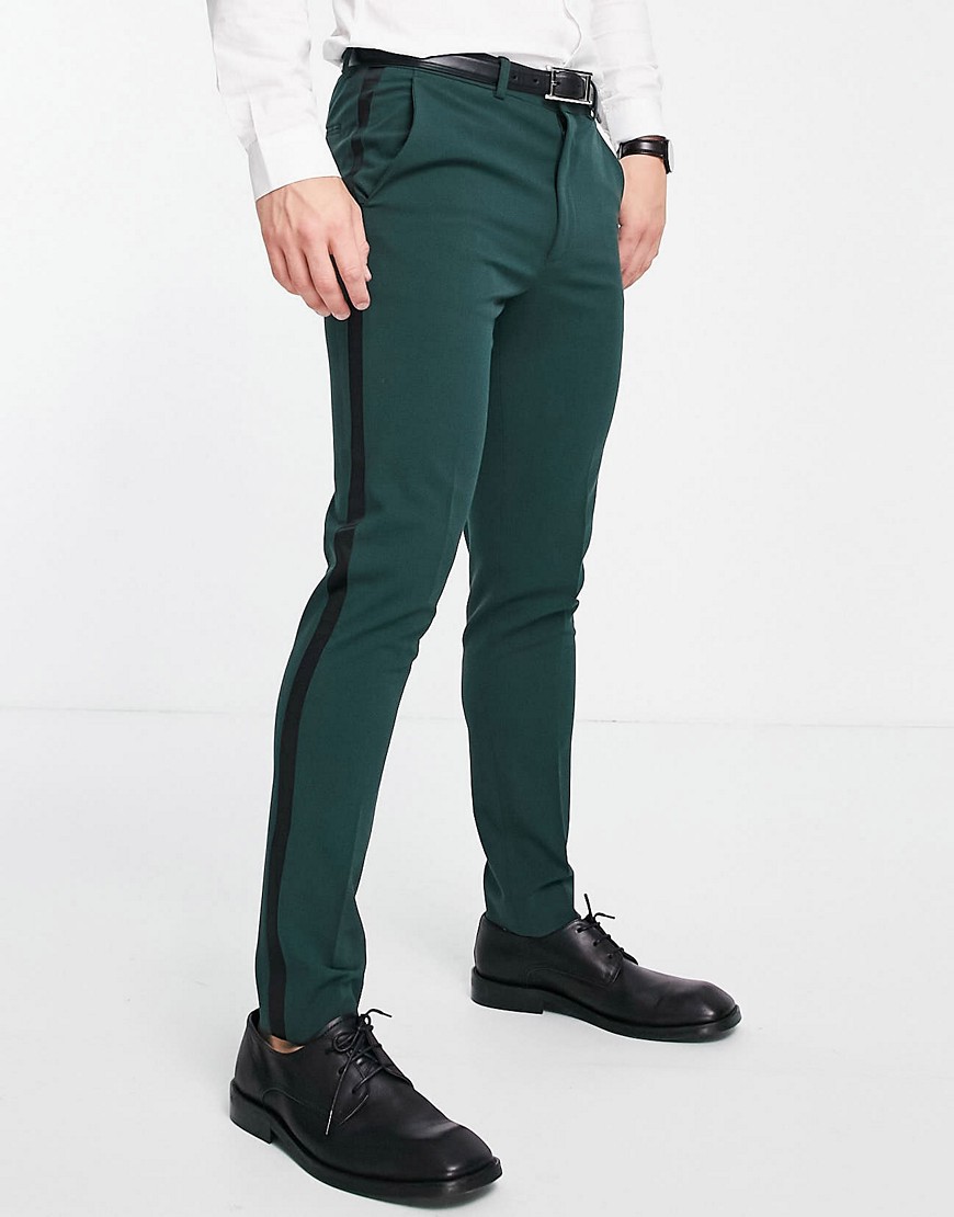 ASOS DESIGN super skinny tuxedo in dark green suit pants-Red
