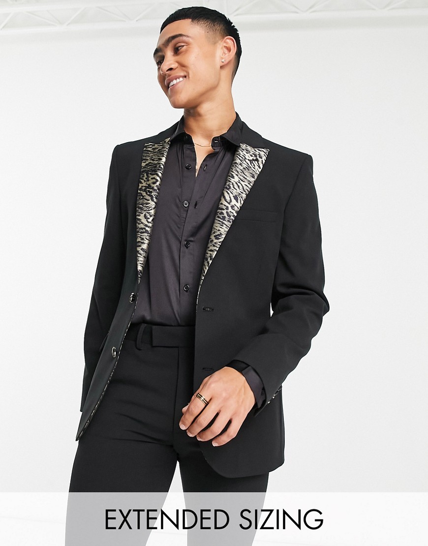 ASOS DESIGN super skinny tuxedo jacket in black with animal lapel