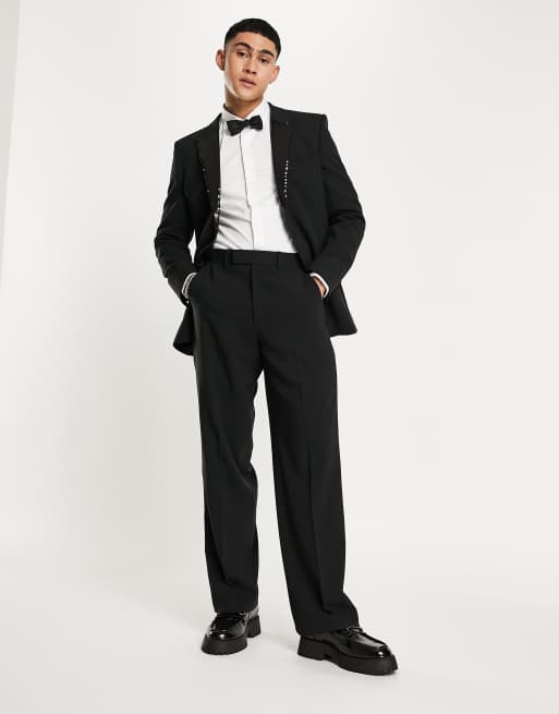 ASOS DESIGN super skinny tuxedo jacket in black with black sequin lapel