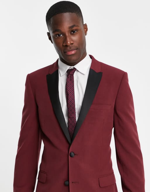 Mens burgundy blazer with black lapel sale