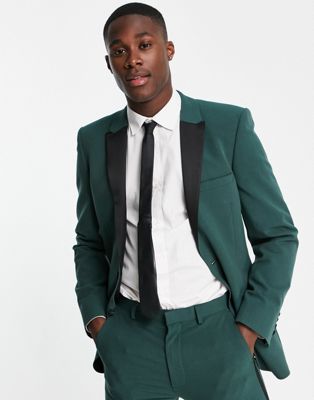 ASOS DESIGN super skinny tuxedo jacket in forest green with black lapel