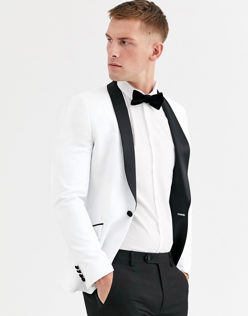 ASOS DESIGN super skinny tuxedo jacket in white with black lapel