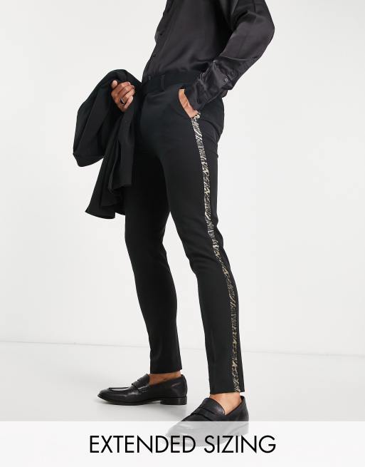 ASOS DESIGN super skinny tuxedo pants in black with animal side stripe