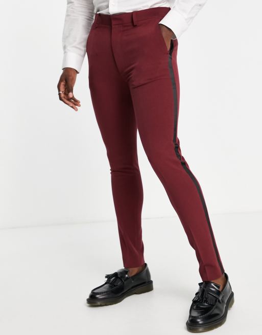 ASOS DESIGN super skinny tuxedo pants in burgundy with satin side stripe