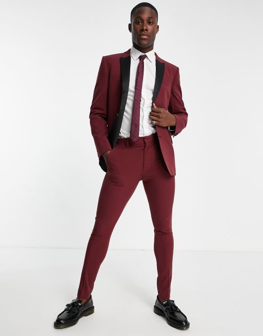 ASOS DESIGN super skinny tuxedo pants in burgundy with satin side stripe