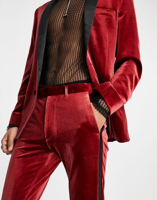 ASOS DESIGN skinny tuxedo blazer in red velvet