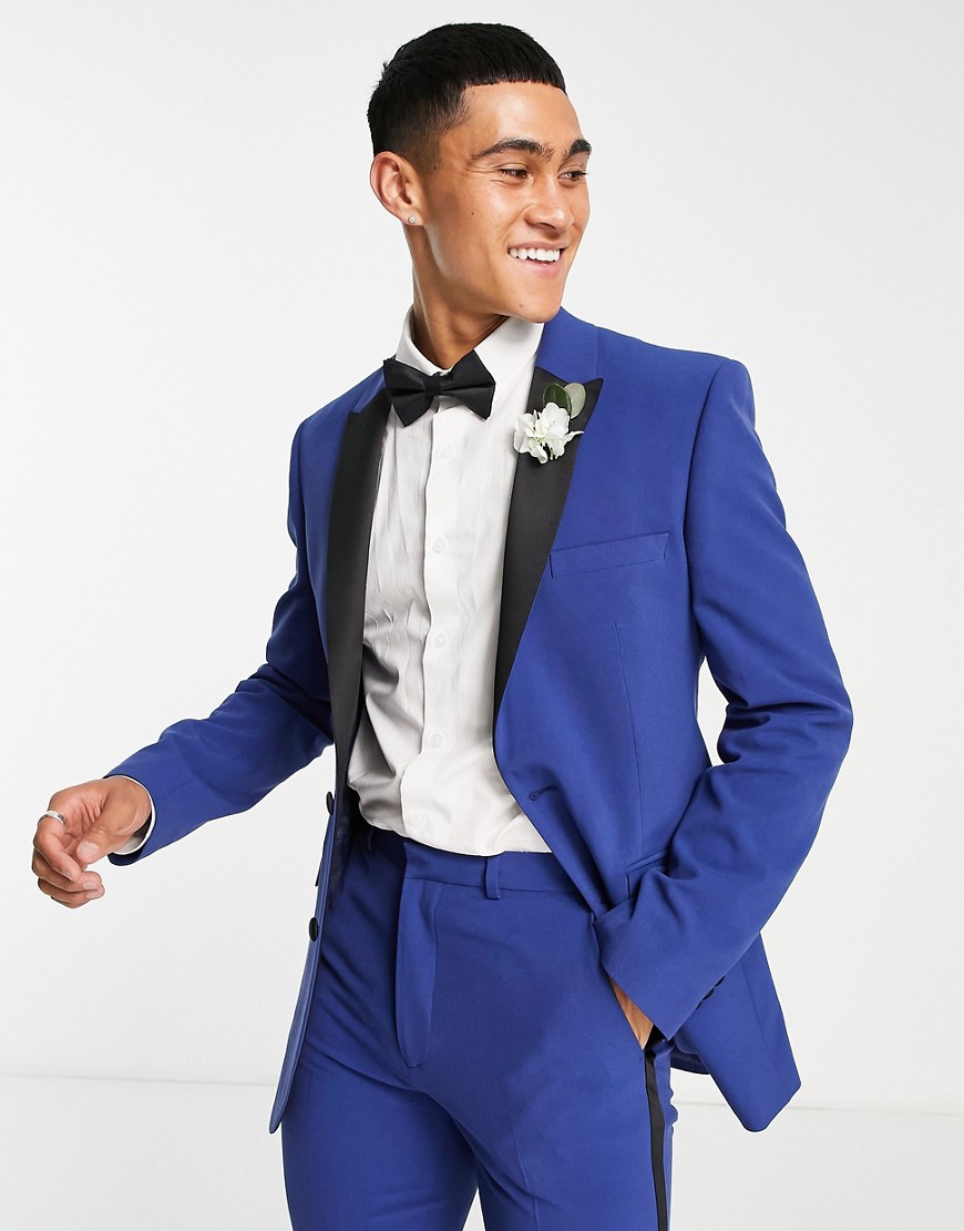ASOS DESIGN super skinny tuxedo suit jacket in bright blue