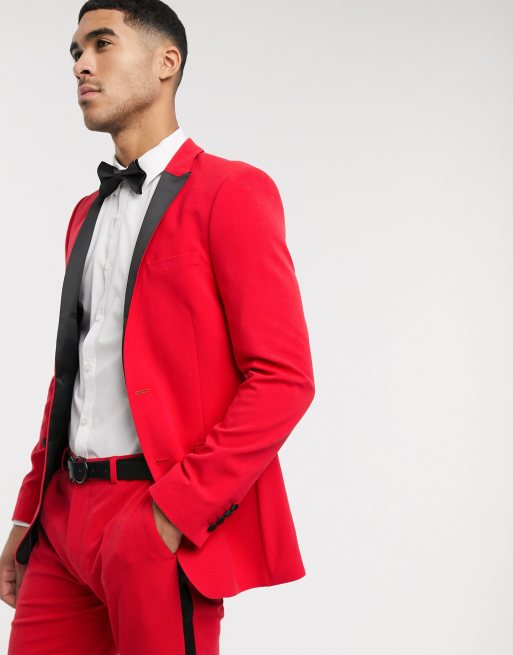 ASOS DESIGN super skinny tuxedo jacket with velvet in red - ShopStyle Suits