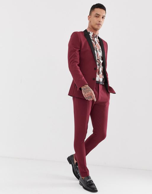 ASOS DESIGN regular suit jacket in burgundy pinstripe