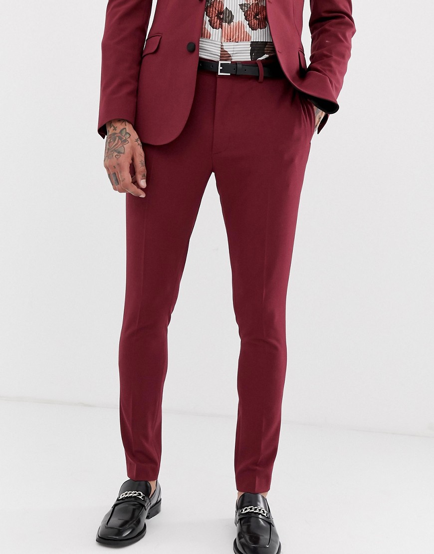 ASOS DESIGN super skinny tuxedo suit trousers in burgundy-Red