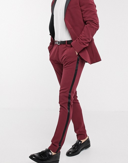 ASOS DESIGN super skinny tuxedo suit trousers in burgundy