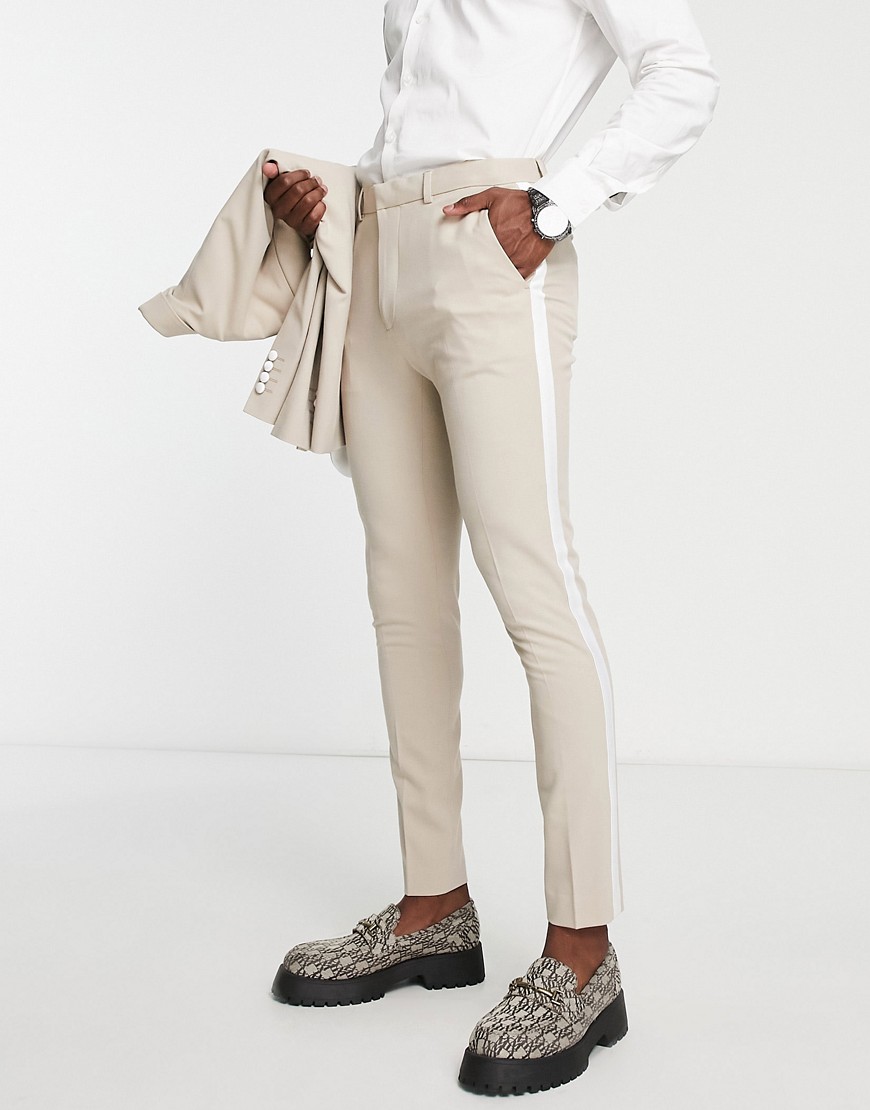 ASOS DESIGN super skinny tuxedo suit trousers in stone-Neutral