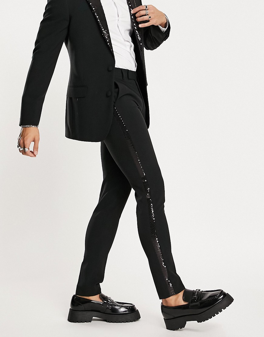 ASOS DESIGN super skinny tuxedo trousers in black with black sequin lapel