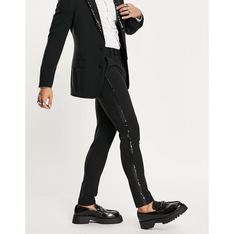 ASOS DESIGN super skinny tuxedo trousers in black with black sequin lapel