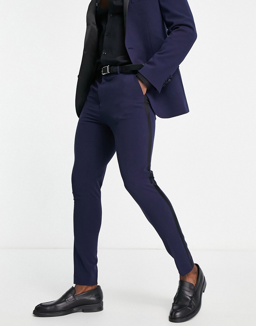 ASOS DESIGN super skinny tuxedo trousers in navy with satin side stripe