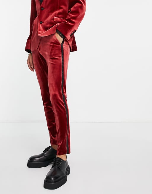 ASOS DESIGN super skinny tuxedo trousers with velvet in red