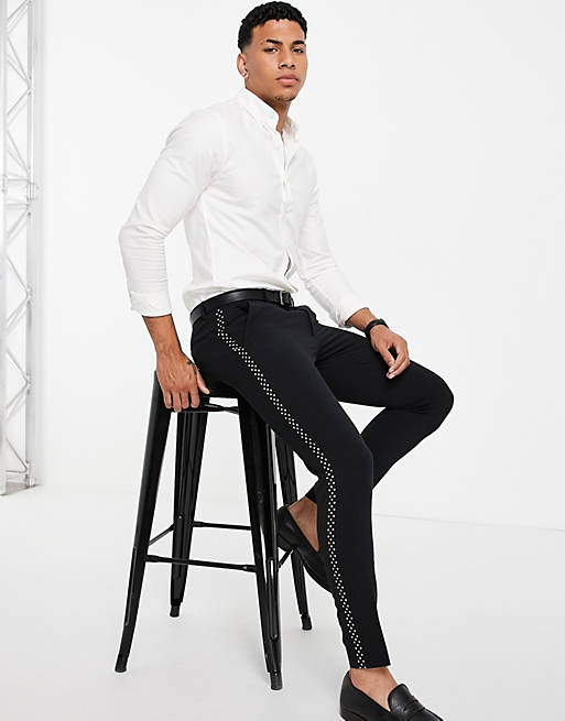 ASOS DESIGN super skinny tuxedo with monochrome polka dot stripe trouser