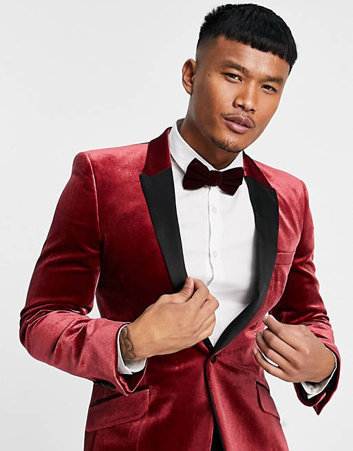 Suits super skinny velvet blazer with contrast lapel in burgundy 