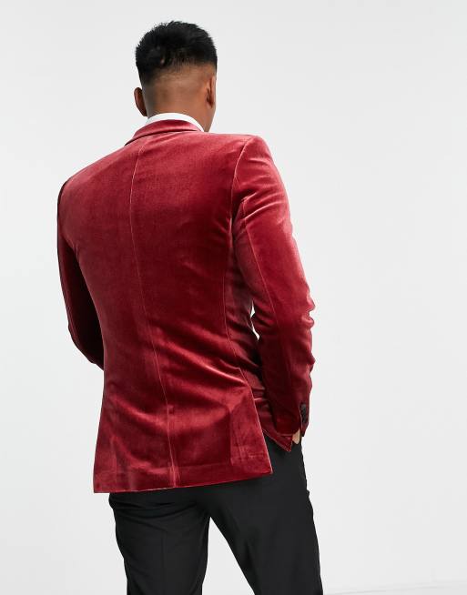 ASOS DESIGN skinny tuxedo blazer in red velvet