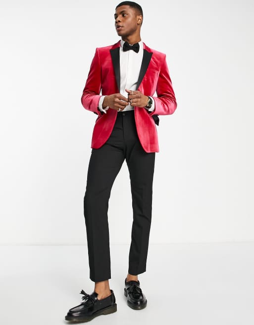 ASOS DESIGN skinny tuxedo blazer in red velvet