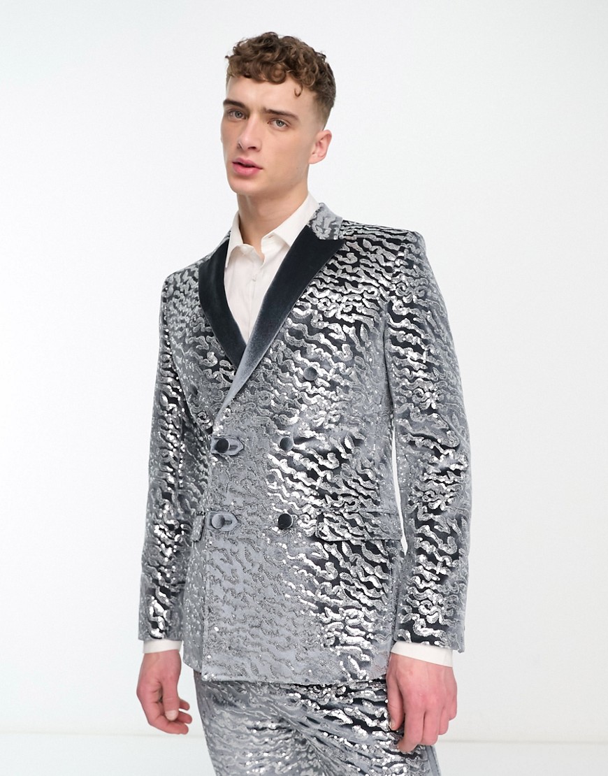 ASOS DESIGN super skinny velvet sequin suit jacket in silver