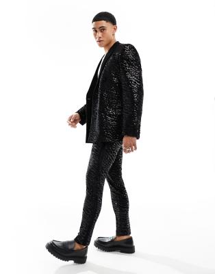 Asos Design Super Skinny Velvet Sequin Suit Pants In Black