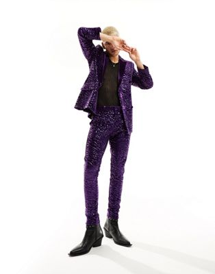 ASOS DESIGN super skinny velvet sequin suit pants in purple | ASOS