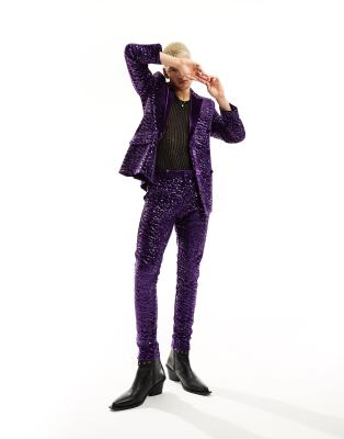 super skinny velvet sequin suit pants in purple-Black