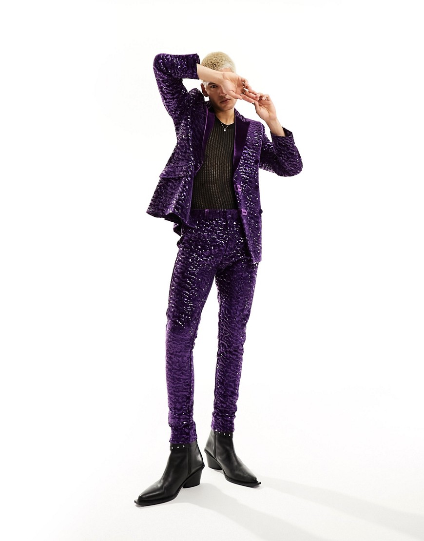 Asos Design Super Skinny Velvet Sequin Suit Pants In Purple-black