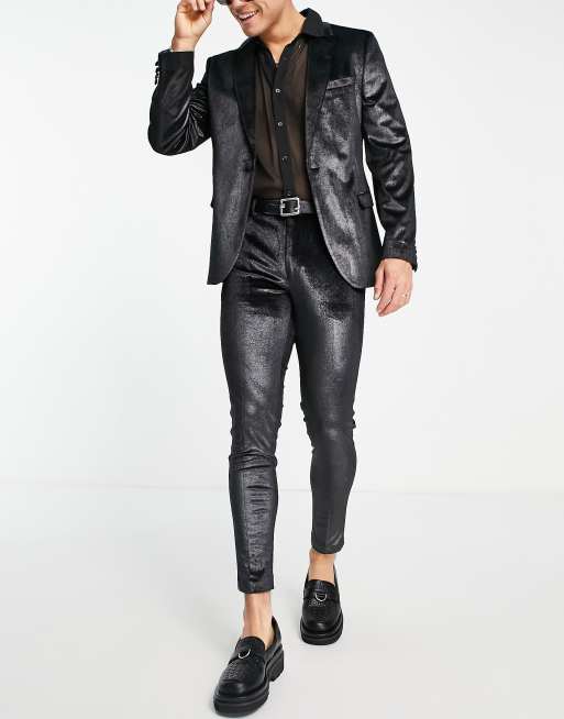 ASOS DESIGN super skinny velvet suit jacket in black and silver, 4 of 4
