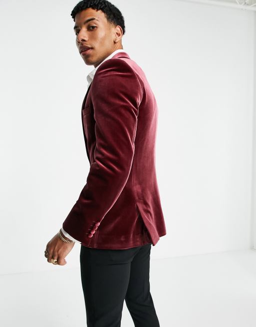 ASOS PLUS Super Skinny Blazer In Burgundy Velvet