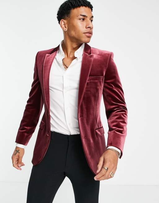 ASOS DESIGN super skinny velvet tuxedo blazer in burgundy