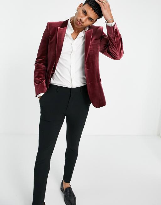 ASOS DESIGN skinny velvet smoking jacket in burgundy