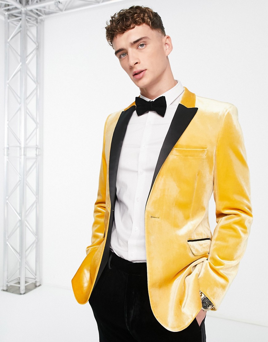 Asos Design Super Skinny Velvet Tuxedo Blazer In Gold