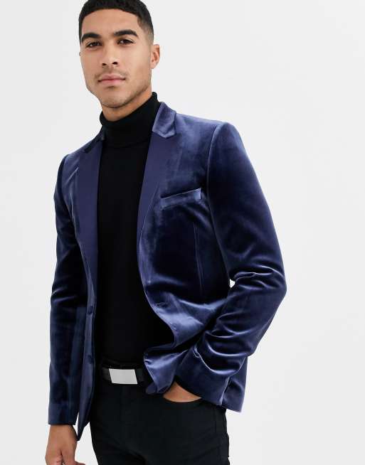 ASOS Skinny Velvet Blazer In Navy, 45% OFF