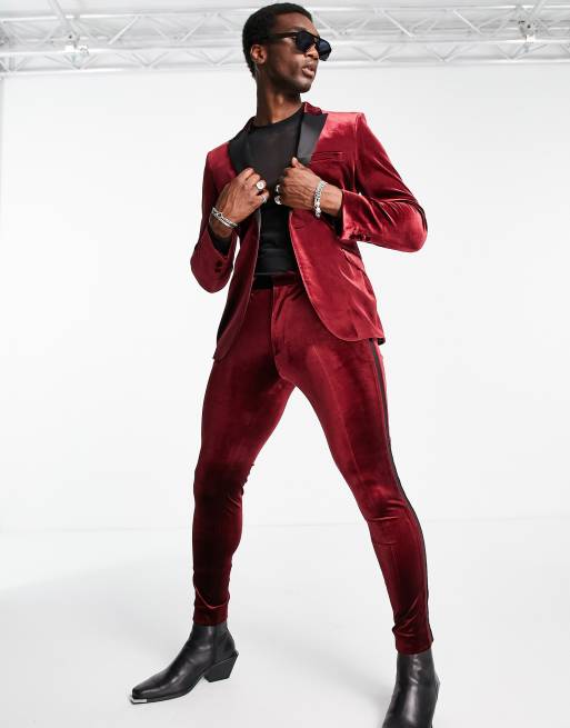 ASOS Super Skinny Tuxedo Suit Jacket In Dark Red