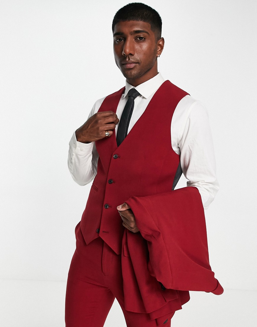 ASOS DESIGN super skinny waistcoat in burgundy-Red