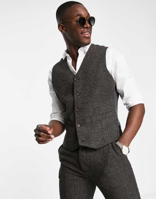 Asos Design Super Skinny Waistcoat In Check Wool Mix In Khaki Asos