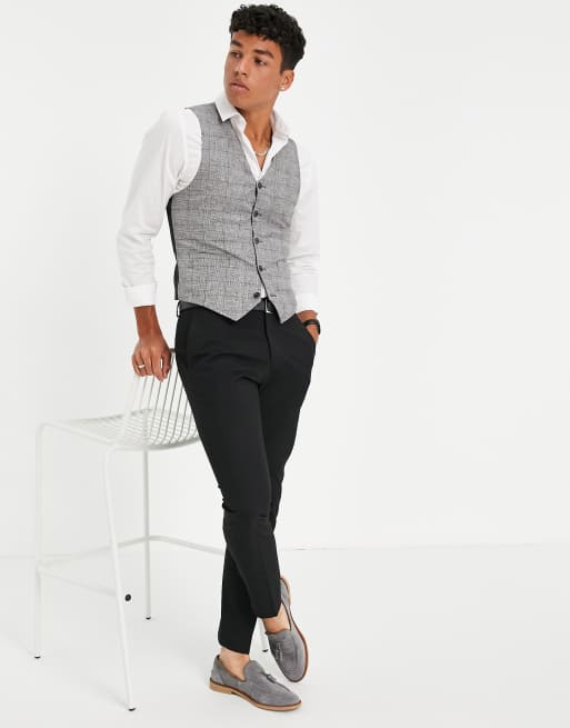 ASOS DESIGN super skinny waistcoat with prince of wales check in navy linen mix