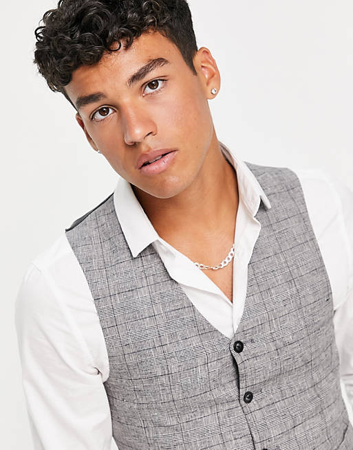 Men super skinny waistcoat with prince of wales linen check in navy 