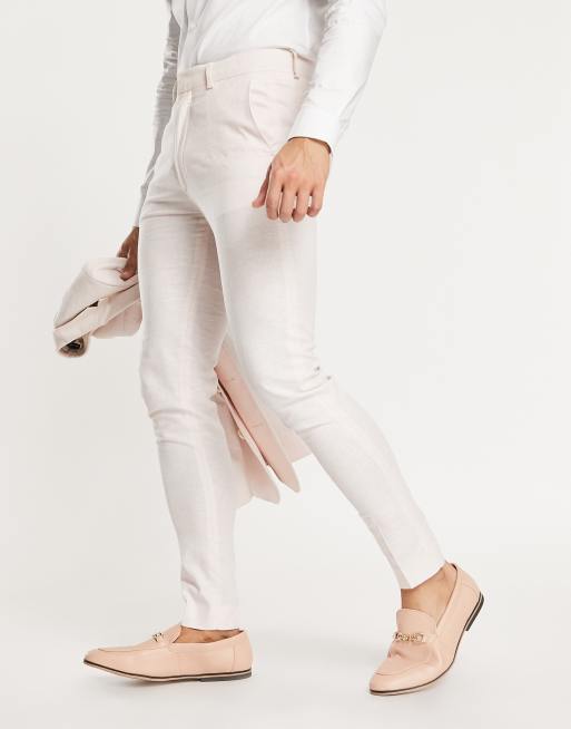 ASOS DESIGN super skinny wedding suit pants in linen mix pale pink prince of wales check 