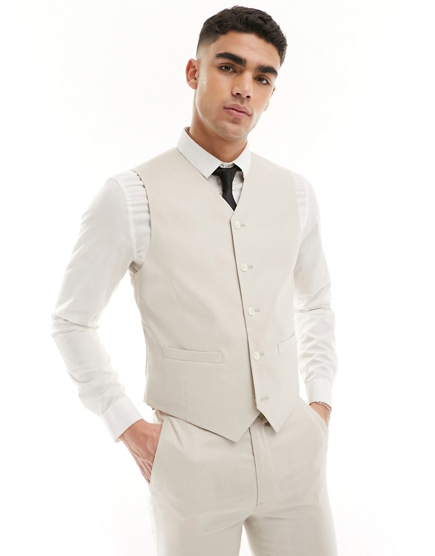 Asos Design Super Skinny With Linen Suit Vest In Stone-neutral