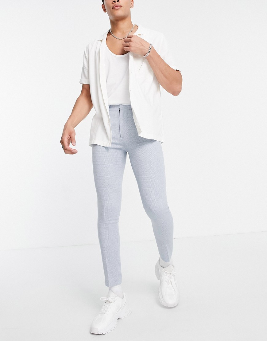 ASOS DESIGN super skinny wool mix smart pant in blue puppy tooth-Blues