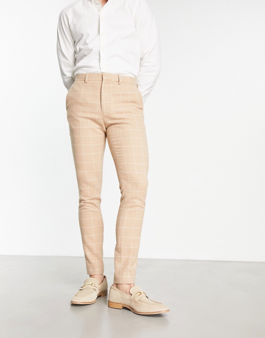 Asos Design Super Skinny Wool Mix Smart Pants In Camel Window Check-neutral