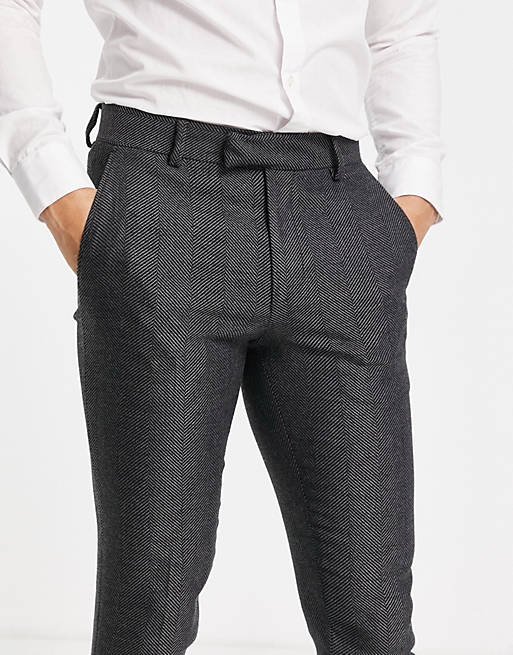 Asos Men Clothing Pants Skinny Pants Super skinny wool mix smart pants in wide charcoal herringbone 