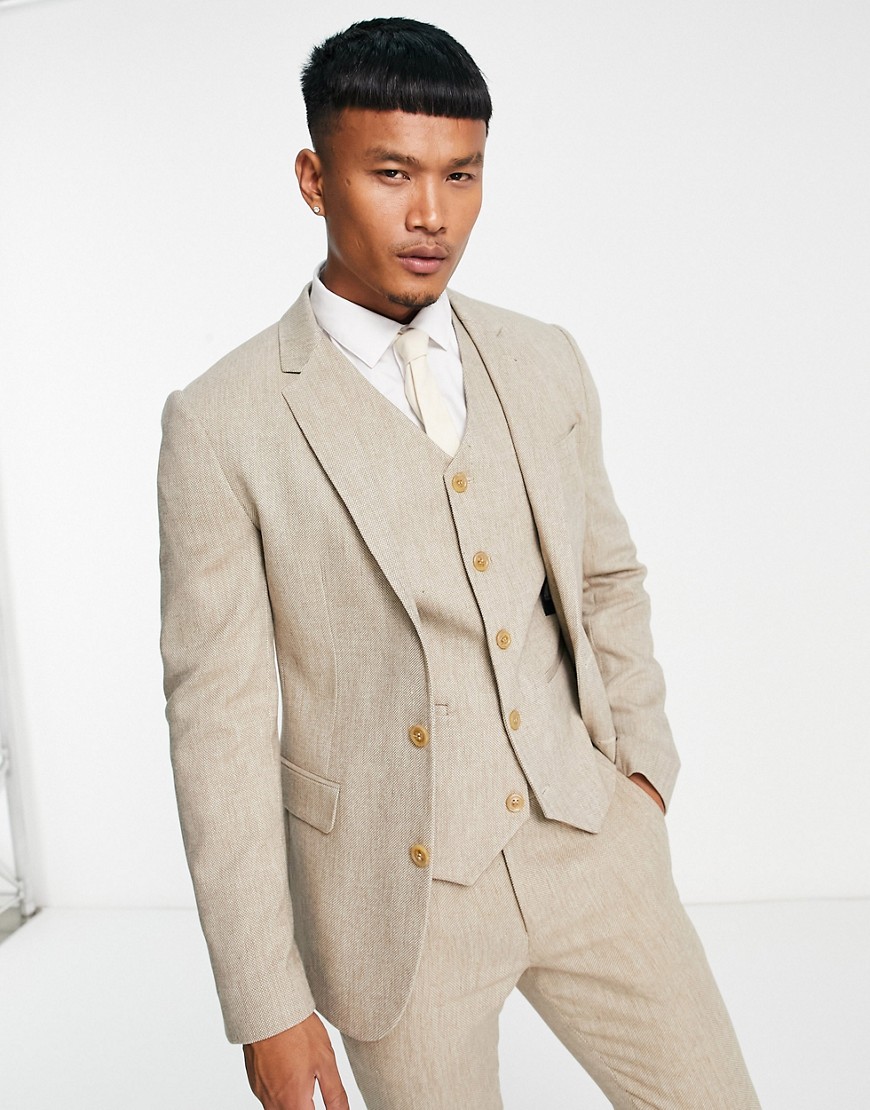 ASOS DESIGN super skinny wool mix suit jacket in beige tweed-Neutral