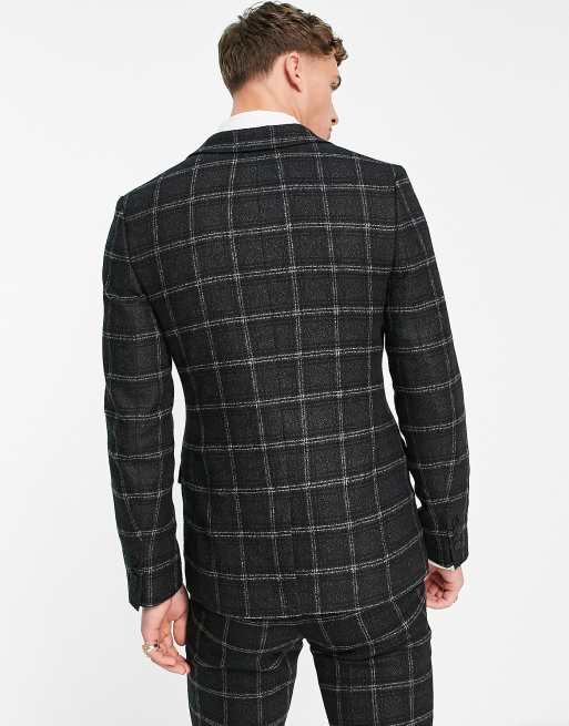 ASOS DESIGN super skinny wool mix suit jacket in black and charcoal windowpane check , 3 of 4