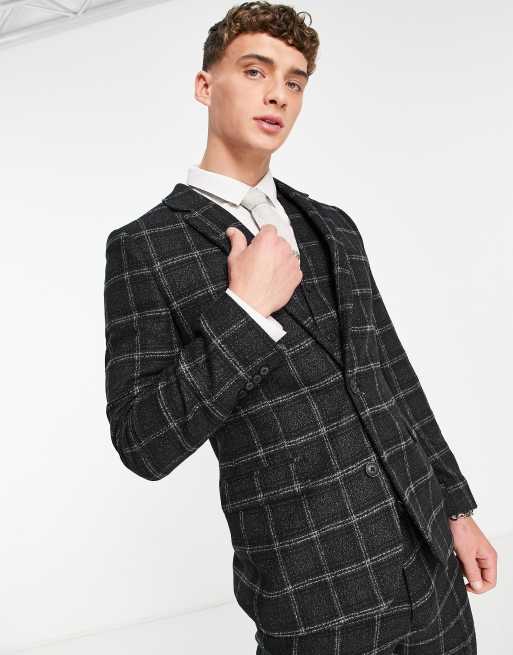 ASOS DESIGN super skinny wool mix suit jacket in black and charcoal  windowpane plaid